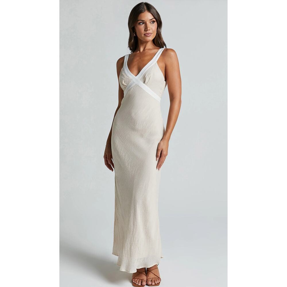 Monteau Womens M Tan White Linen Blend Sleeveless Midi Dress Resort Summer NWT